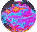 Earth globe showing ocean surface circulation and winds, including in the Western tropical Pacific.